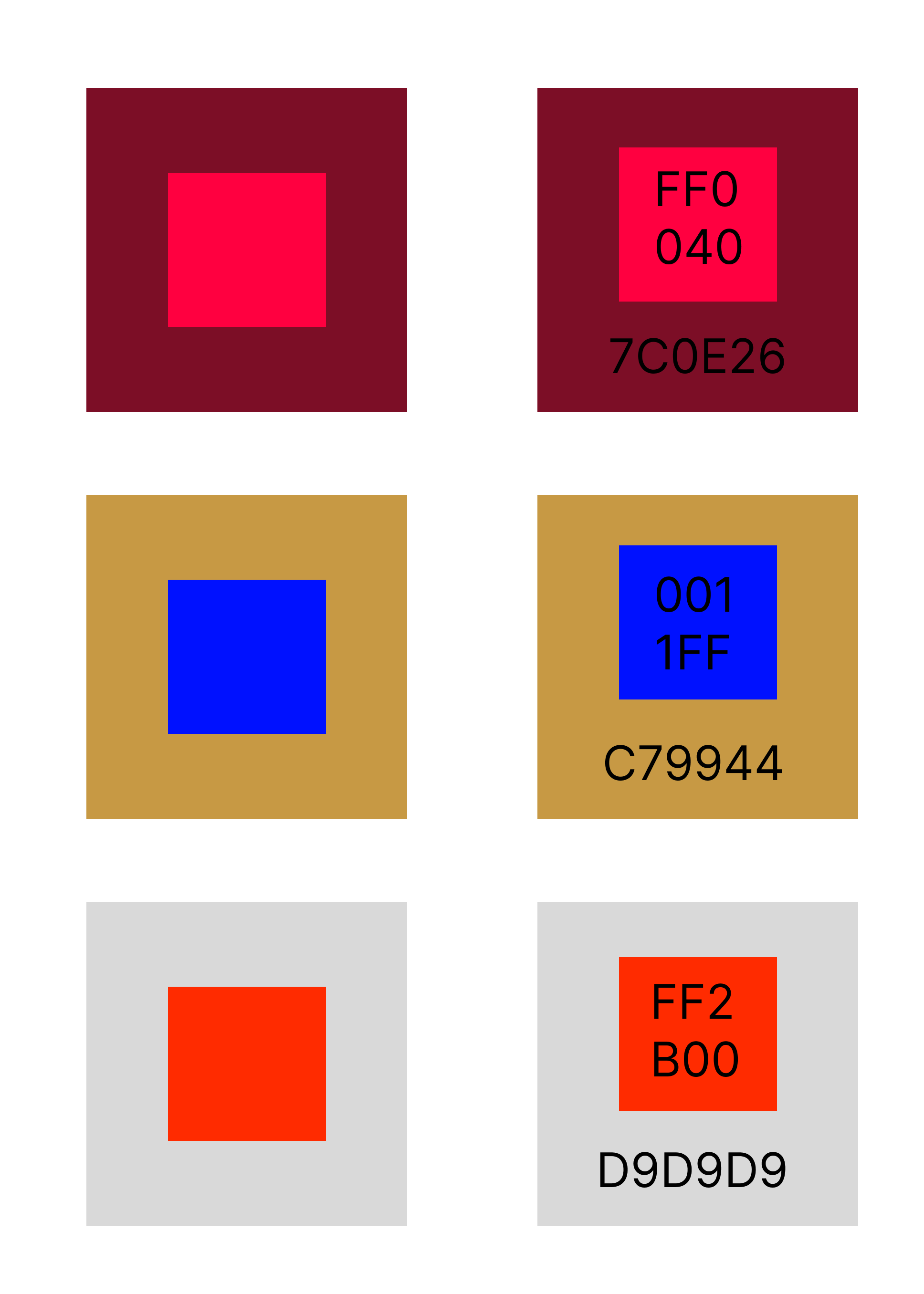 ABC color system boards with red, blue, gold, and gray swatches